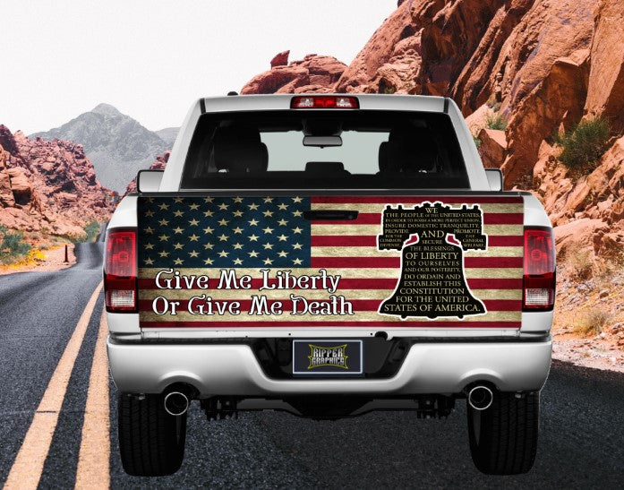 U.S. Flag With Constitution Bell, Give Me Liberty... Tailgate Wrap Vinyl Graphic Decal Sticker
